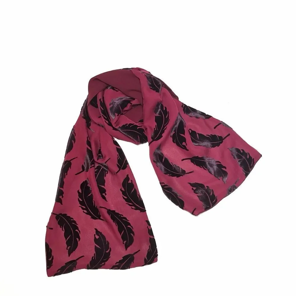 Elaine Gold Lined Scarf Rayon Silk Blend Burnout Velvet Burgundy Black Feathers